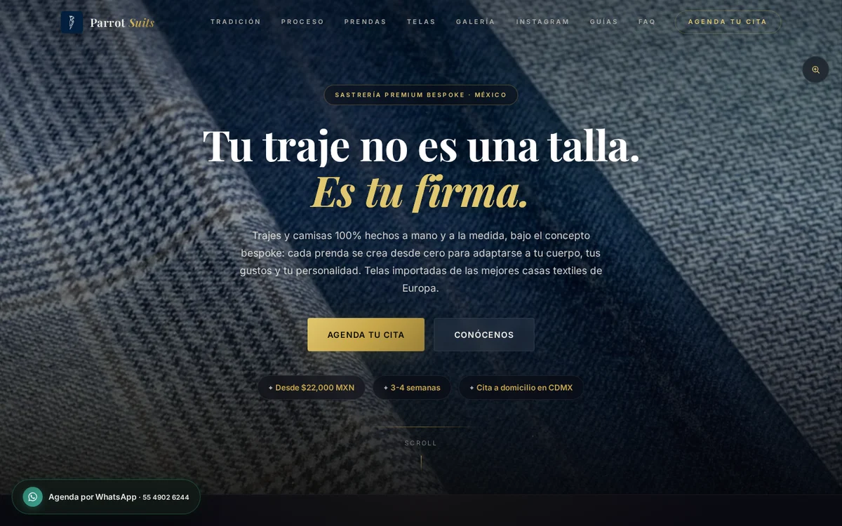 Parrot Suits — captura real del sitio en producción